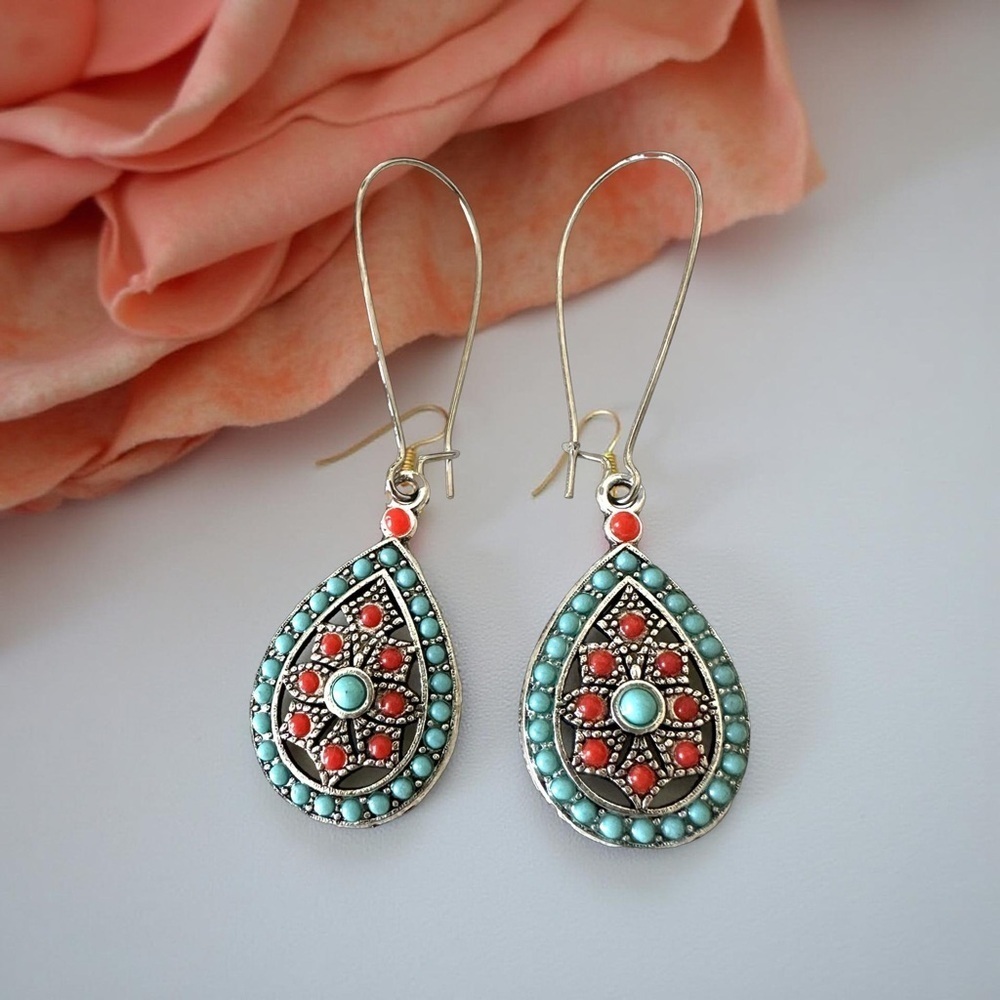 Bohemian Water Droplet Silver Tone Hoop Earrings